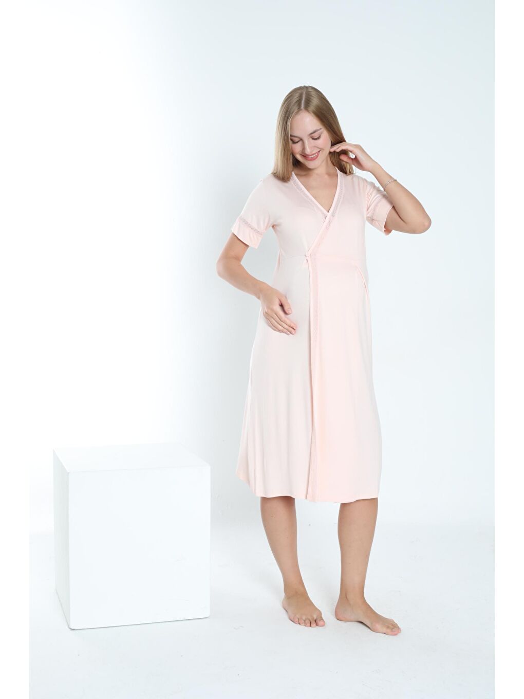 Pembe Somon Sabahlıklı Hamile ve Lohusa Gecelik Takımı-3