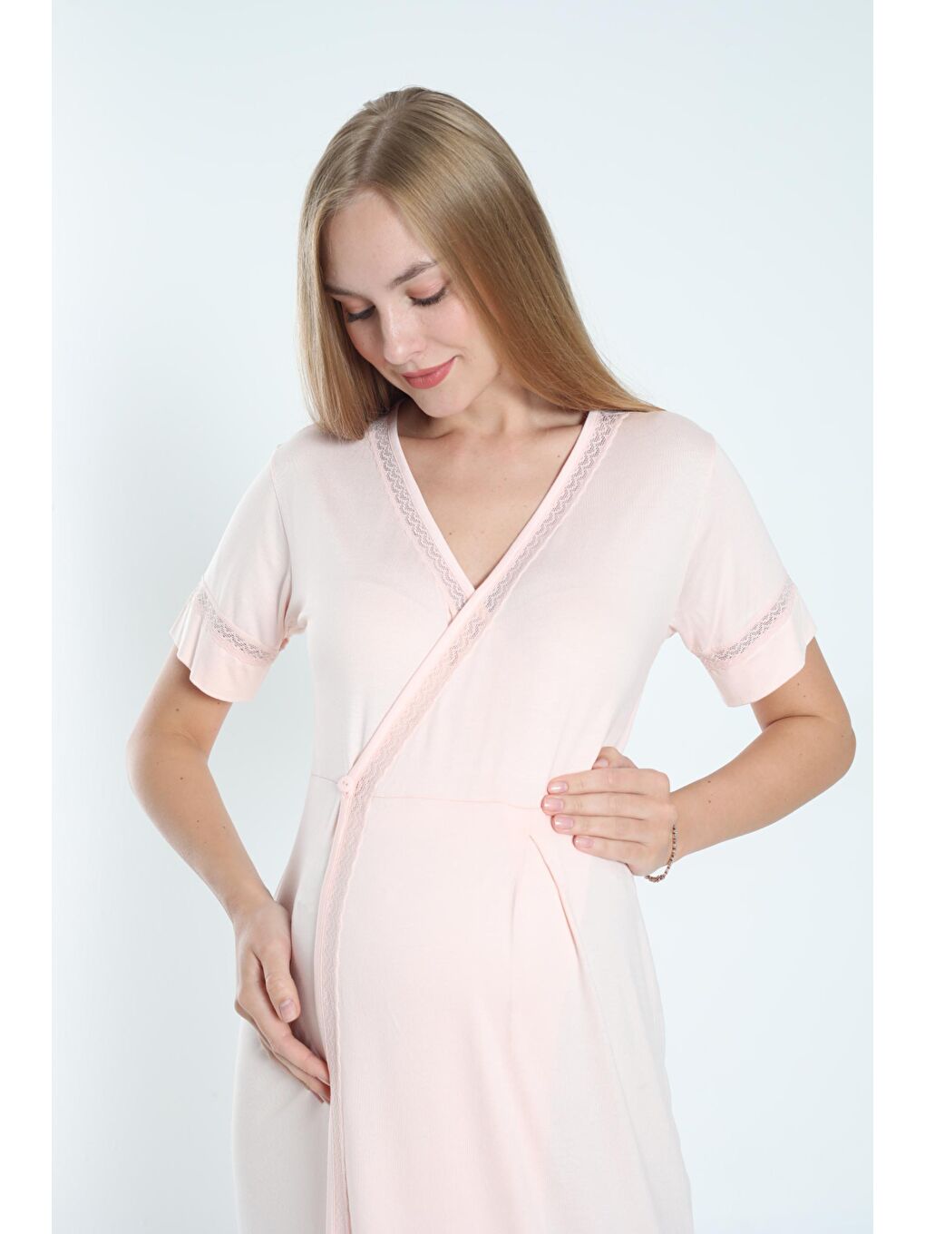 Pembe Somon Sabahlıklı Hamile ve Lohusa Gecelik Takımı-5