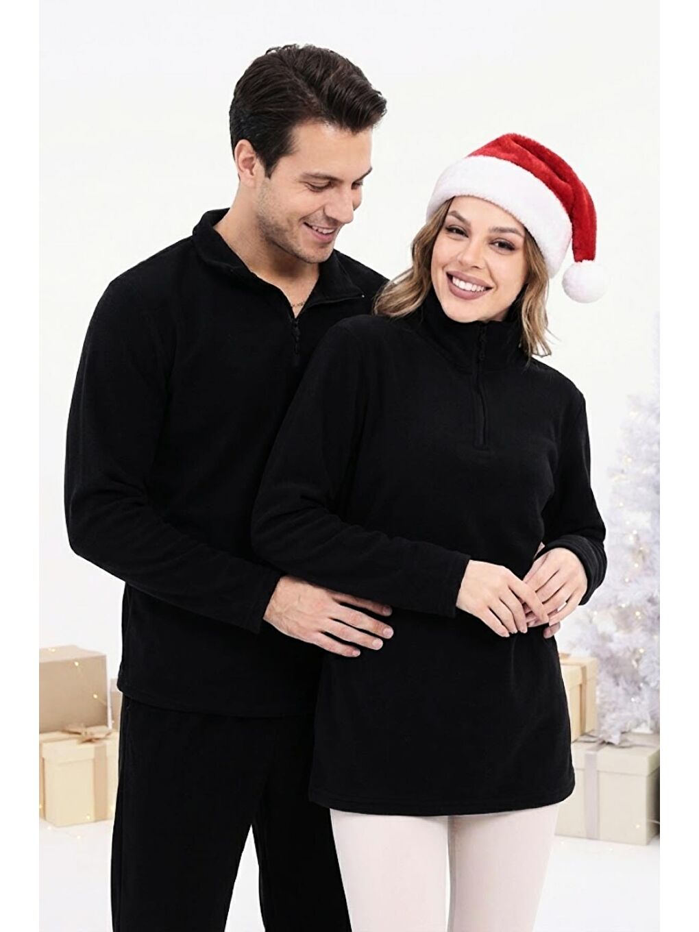 Siyah Unisex Yarım Fermuar Standart Fit Dik Yaka Soğuk Geçirmez Basic Polar Sweat-3