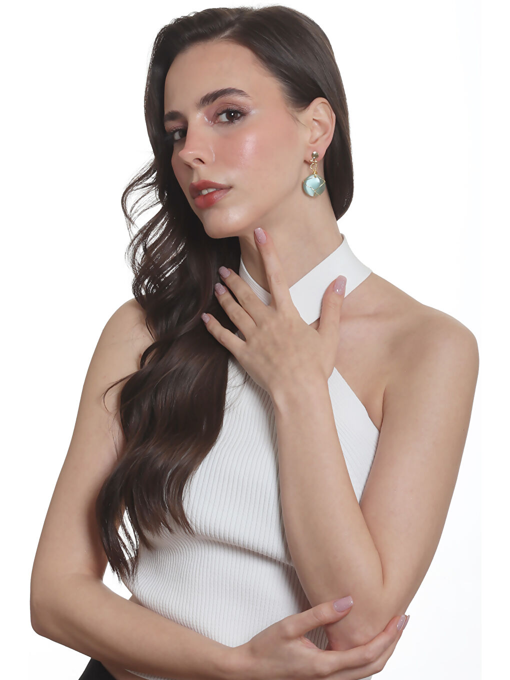 Turkuaz Kadın Çivili Model Altın Renk Tel Sarma Tasarım Kedigözü Küpe-5