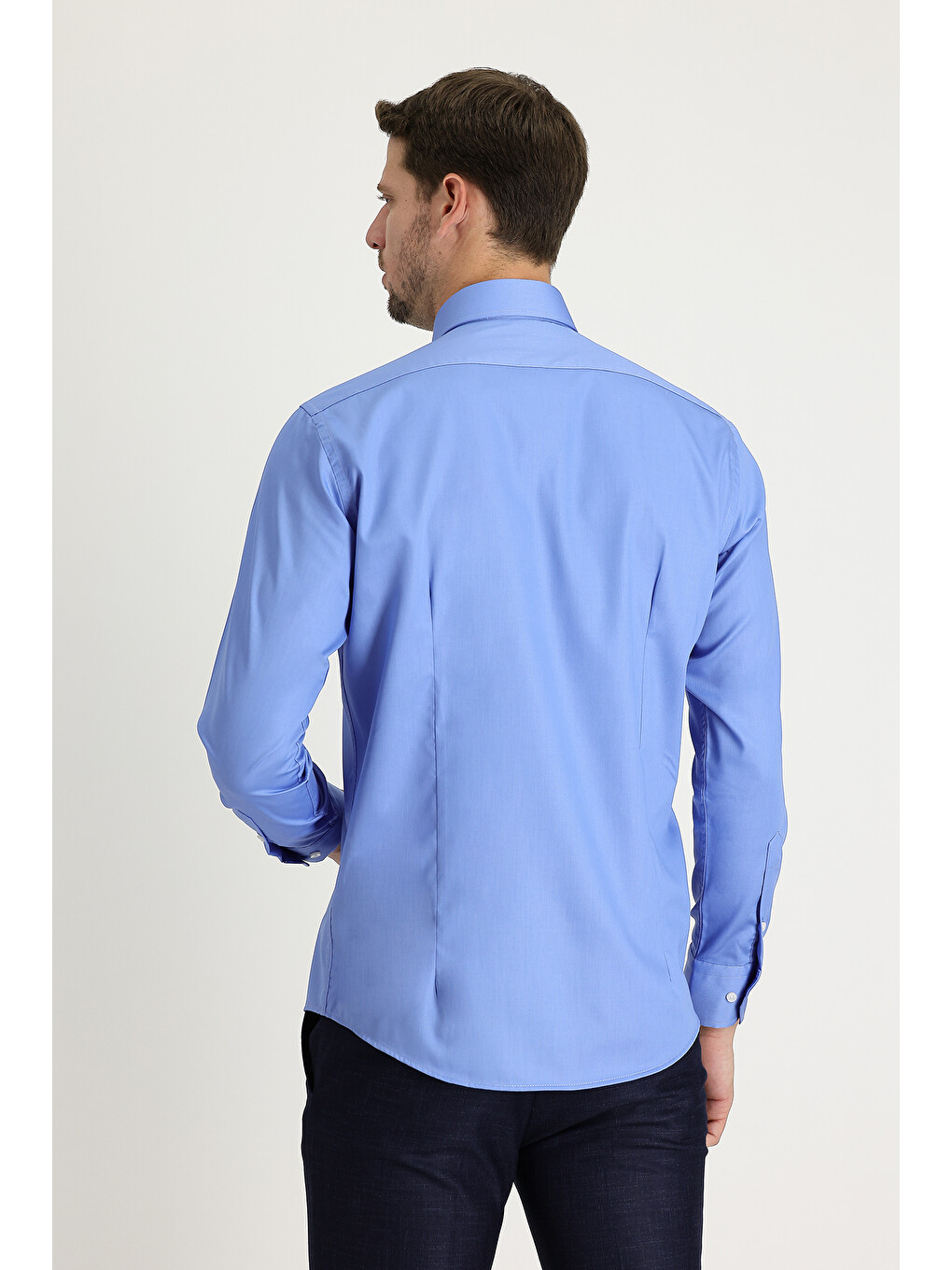 Mavi Uzun Kol Slim Fit Dar Kesim Pamuklu Non Iron Saten Klasik Gömlek-1