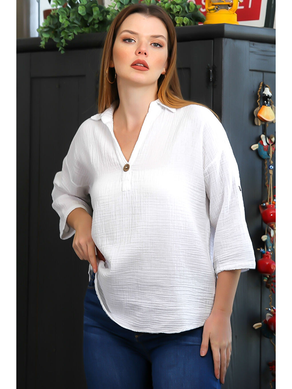 Beyaz Gömlek Yaka Düğmeli 3/4 Kol Düğmeli Casual Müslin Dokuma Bluz-3
