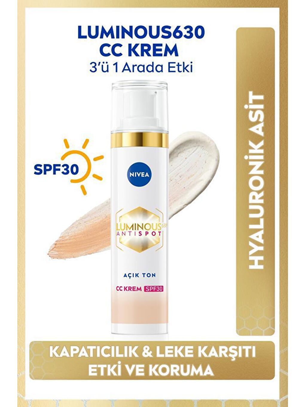 NIVEA Şeffaf Luminous630 Koyu Leke Karşıtı CC Yüz Kremi 40 ml, SPF30+ Güneş Koruyucu, Hyaluronik Asit, Açık Ton