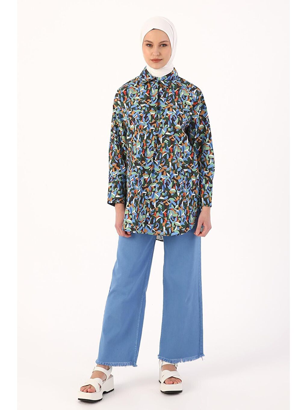 Siyah-Yeşil %100 Pamuk Desenli Gizli Patlı Gömlek Tunik-2