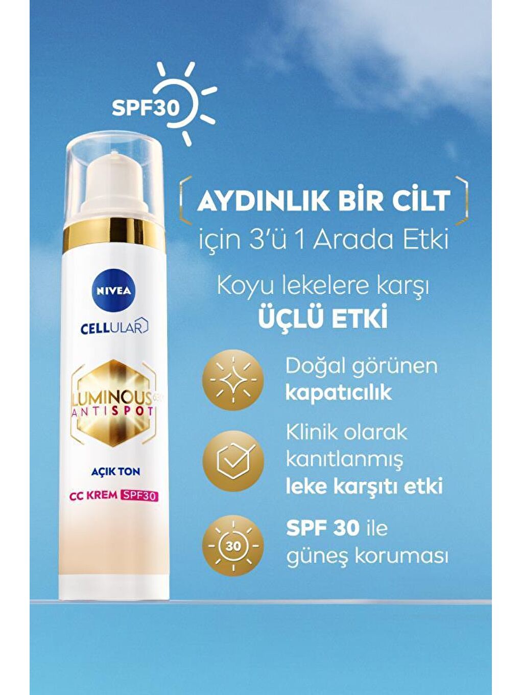 NIVEA Şeffaf Luminous630 Koyu Leke Karşıtı CC Yüz Kremi 40 ml, SPF30+ Güneş Koruyucu, Hyaluronik Asit, Açık Ton - 2