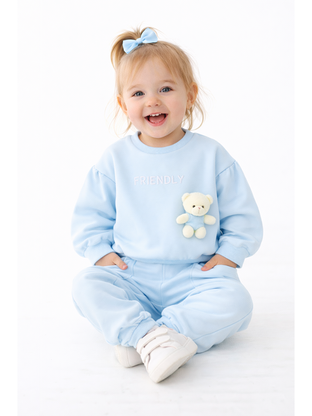 Mavi Kız Bebek %100 Pamuklu Ayıcık Oyuncaklı Bebek Takımı-2