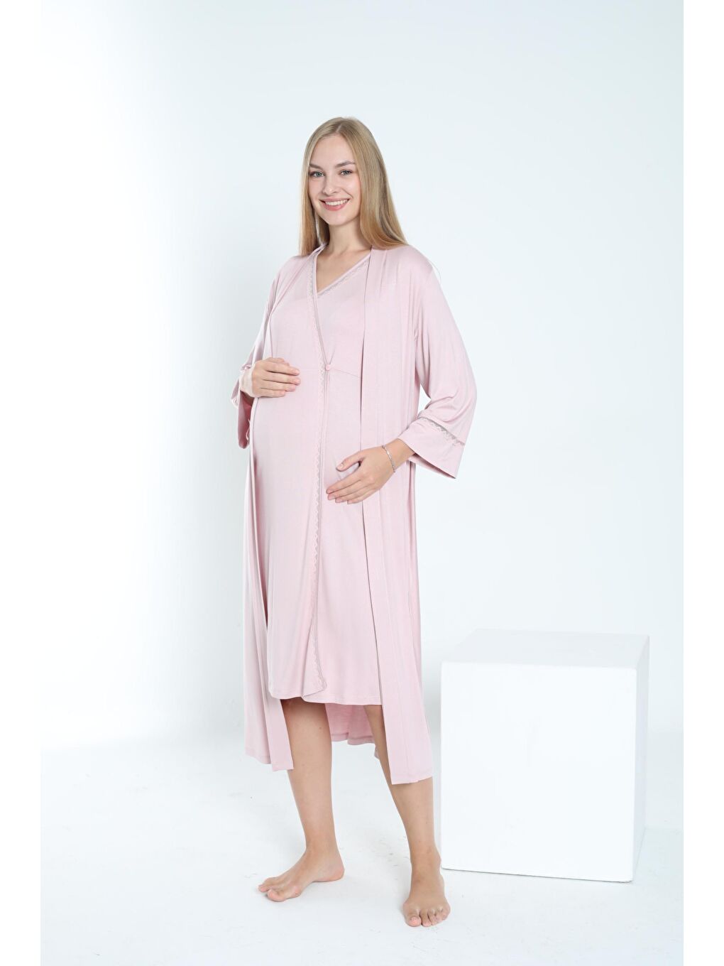 Kahverengi Sütlü Kahve Sabahlıklı Hamile ve Lohusa Gecelik Takımı-1