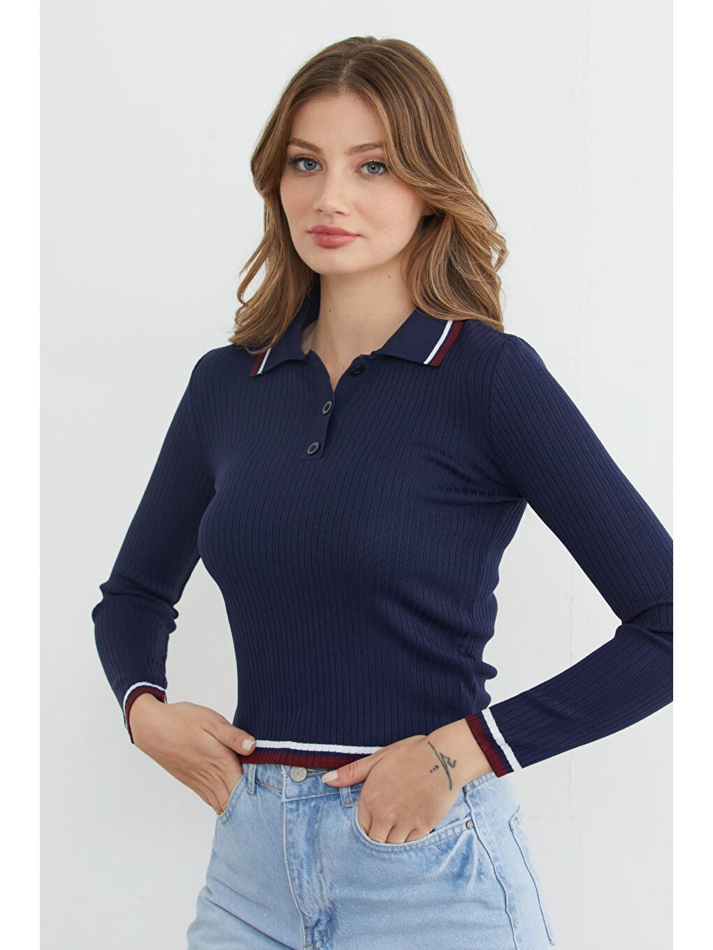 Lacivert Çizgili Fitilli Polo Yaka Yarım Düğmeli Triko Kazak-1