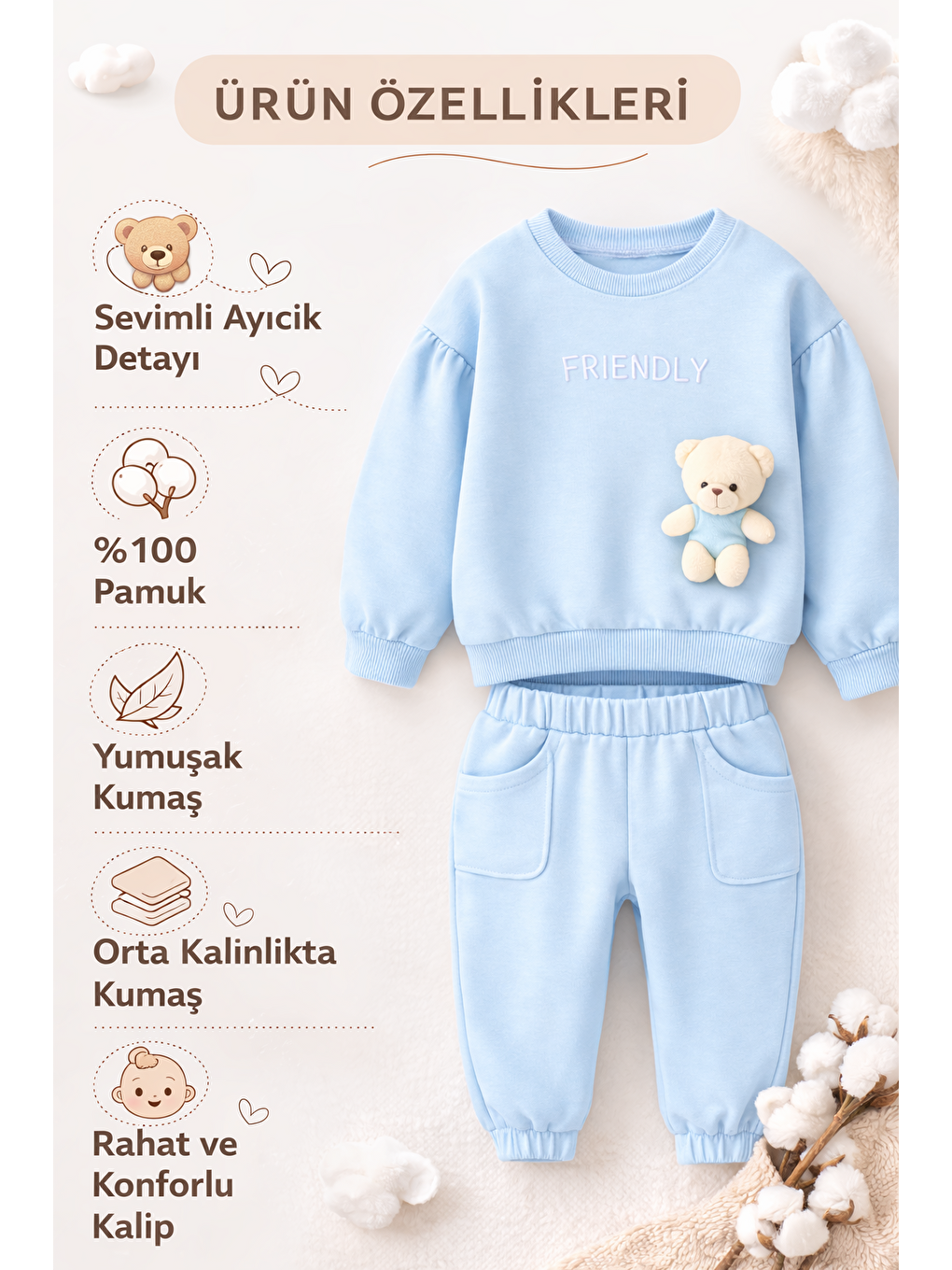 Mavi Kız Bebek %100 Pamuklu Ayıcık Oyuncaklı Bebek Takımı-3