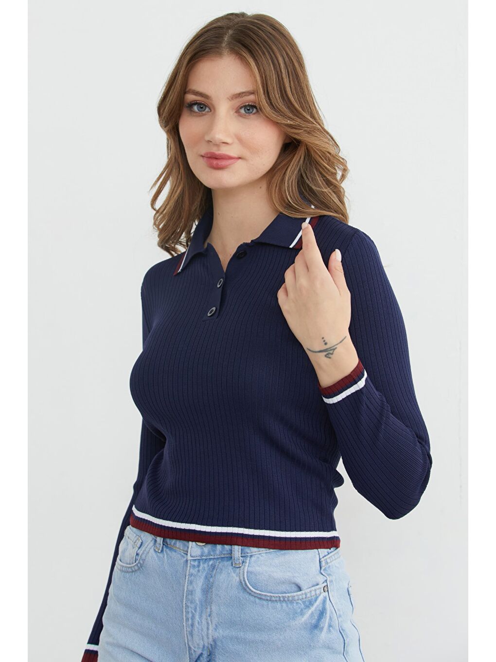 Lacivert Çizgili Fitilli Polo Yaka Yarım Düğmeli Triko Kazak-2