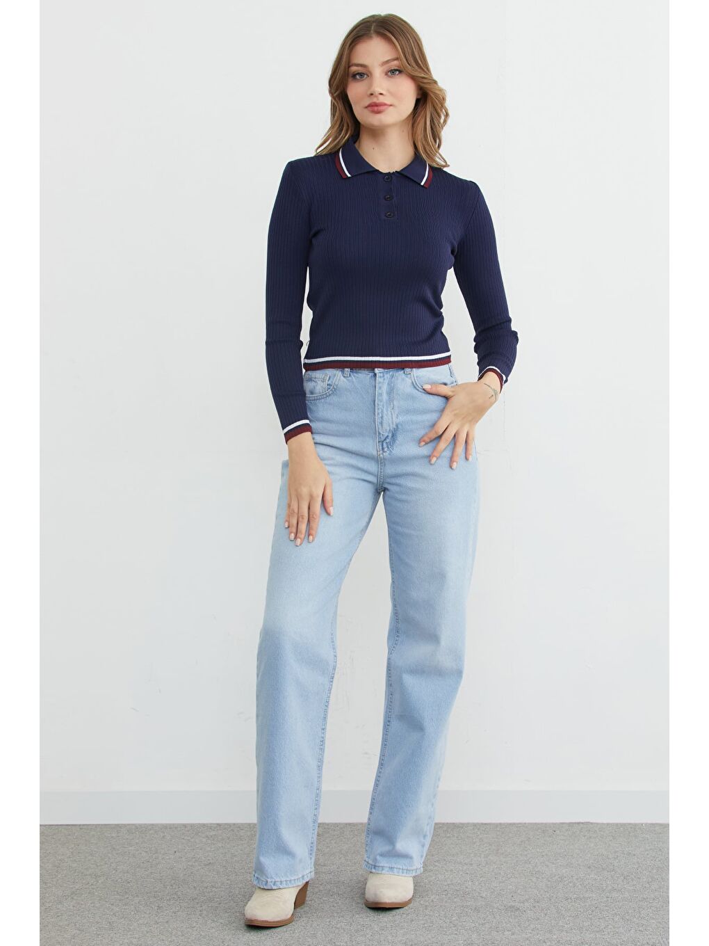 Lacivert Çizgili Fitilli Polo Yaka Yarım Düğmeli Triko Kazak-3