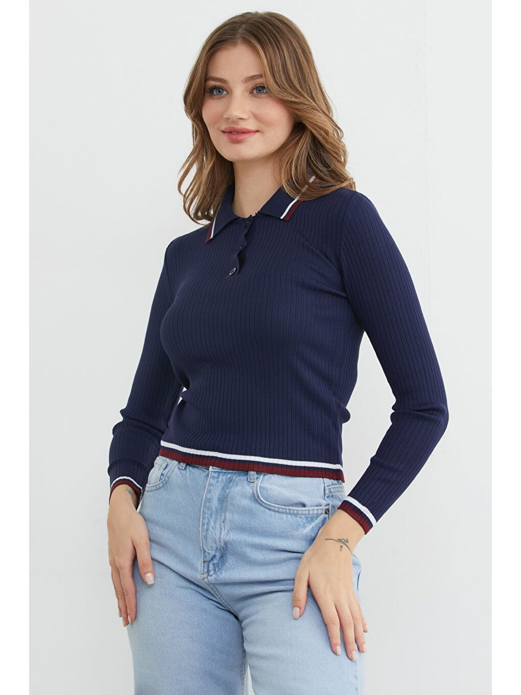 Lacivert Çizgili Fitilli Polo Yaka Yarım Düğmeli Triko Kazak-4