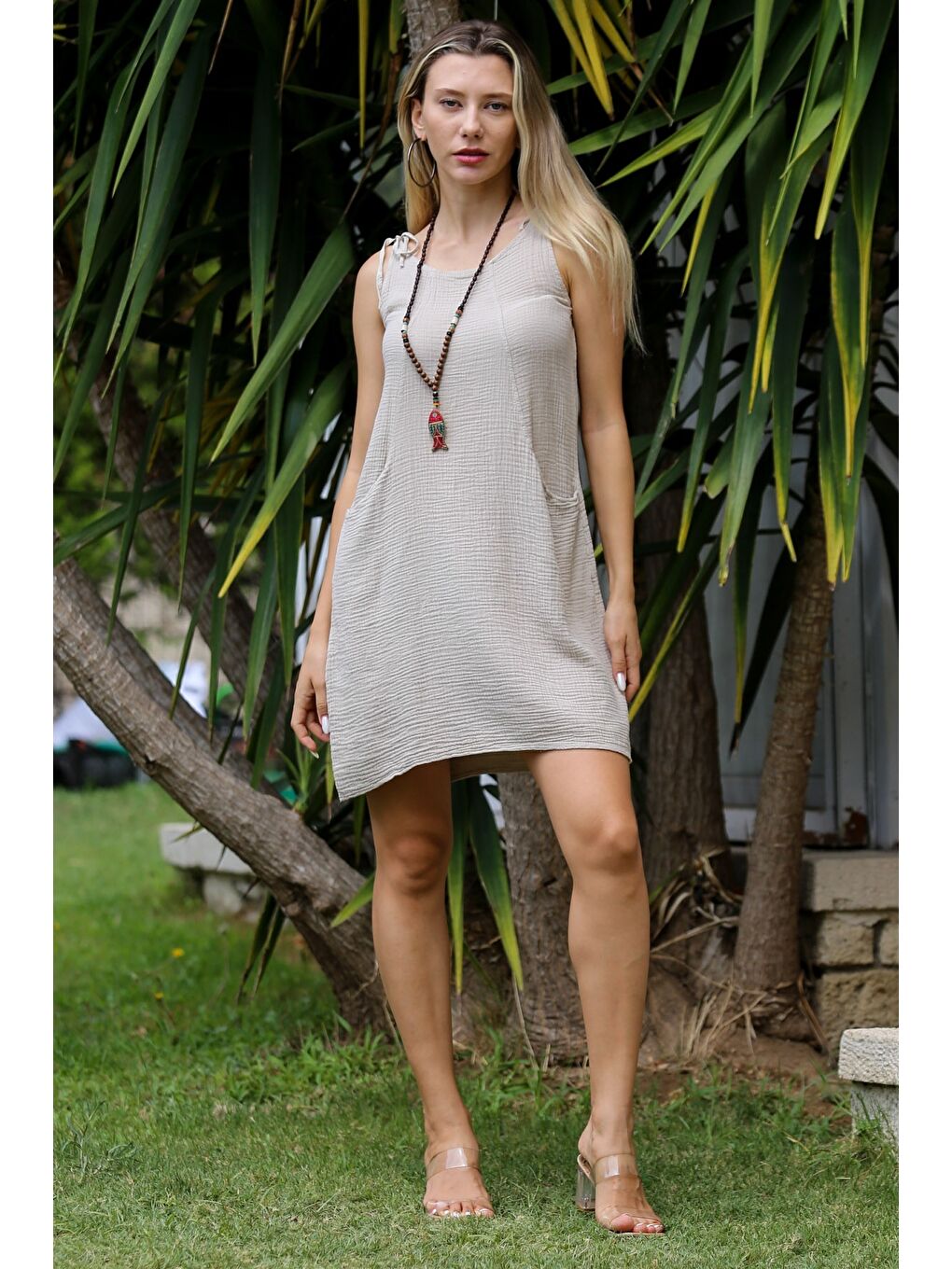 Bej Havuz Yaka Kolsuz Cepli Yıkamalı Dokuma Casual Pamuk Elbise-2