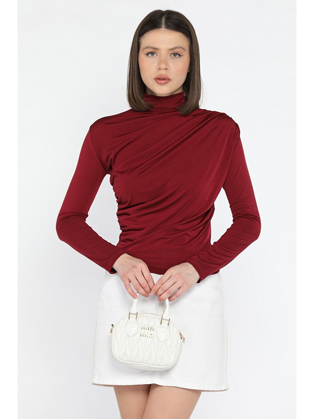 Mürdüm Omuz Ve Bel Drapeli Kadın Bluz-1