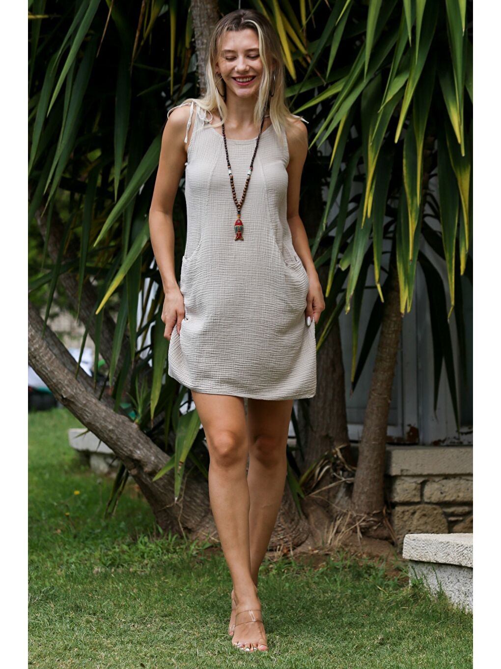 Bej Havuz Yaka Kolsuz Cepli Yıkamalı Dokuma Casual Pamuk Elbise-3