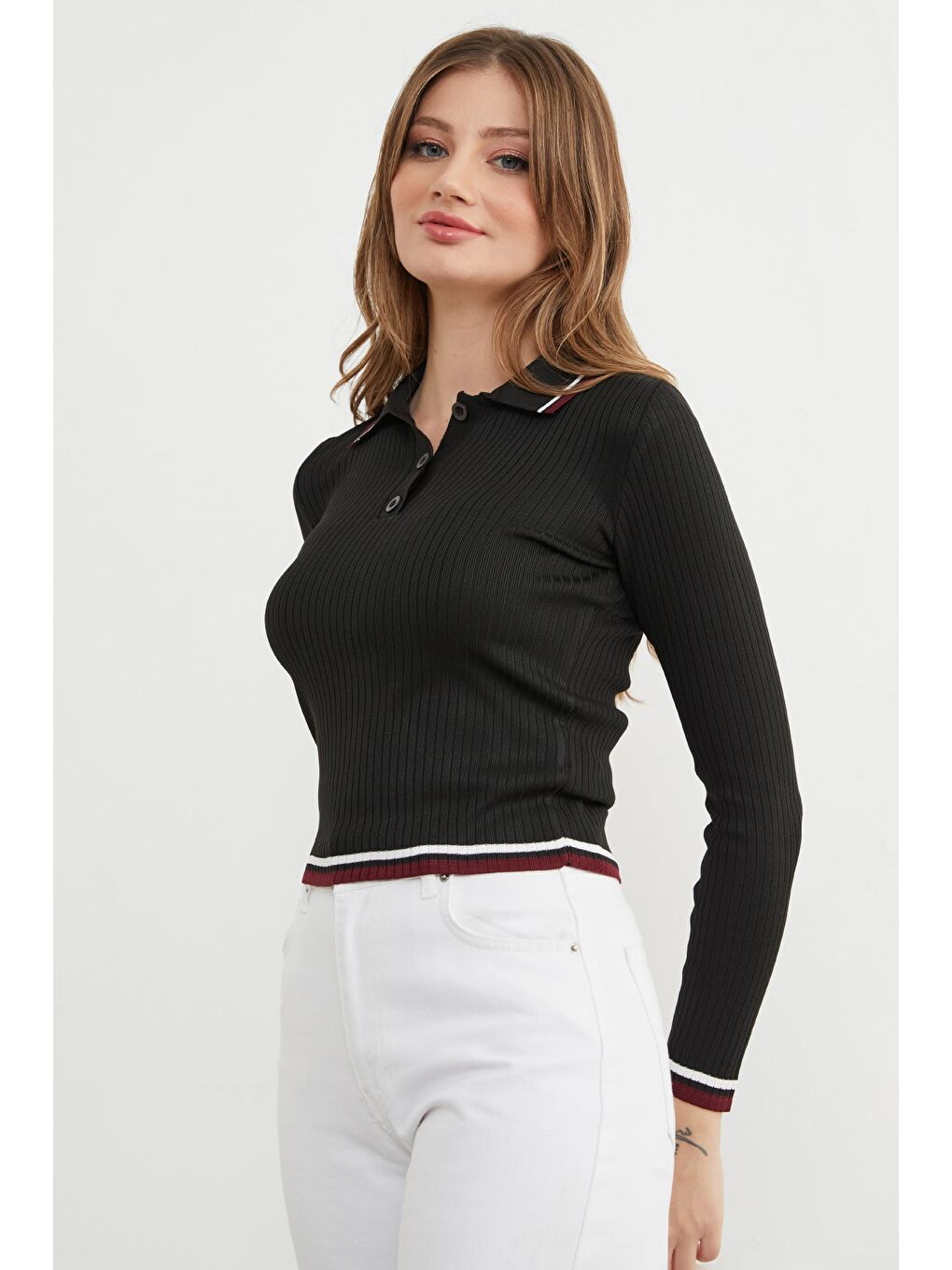 Siyah Çizgili Fitilli Polo Yaka Yarım Düğmeli Triko Kazak-3