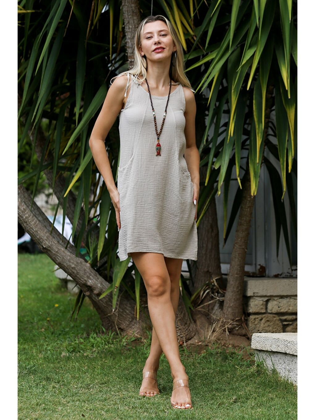 Bej Havuz Yaka Kolsuz Cepli Yıkamalı Dokuma Casual Pamuk Elbise-4