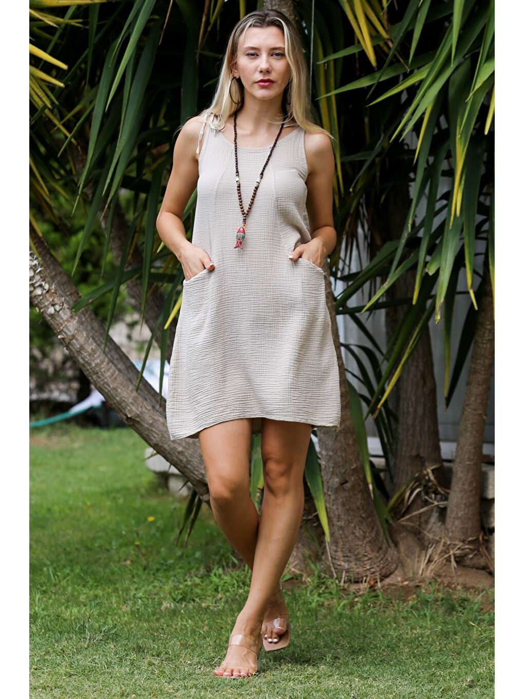 Bej Havuz Yaka Kolsuz Cepli Yıkamalı Dokuma Casual Pamuk Elbise-5