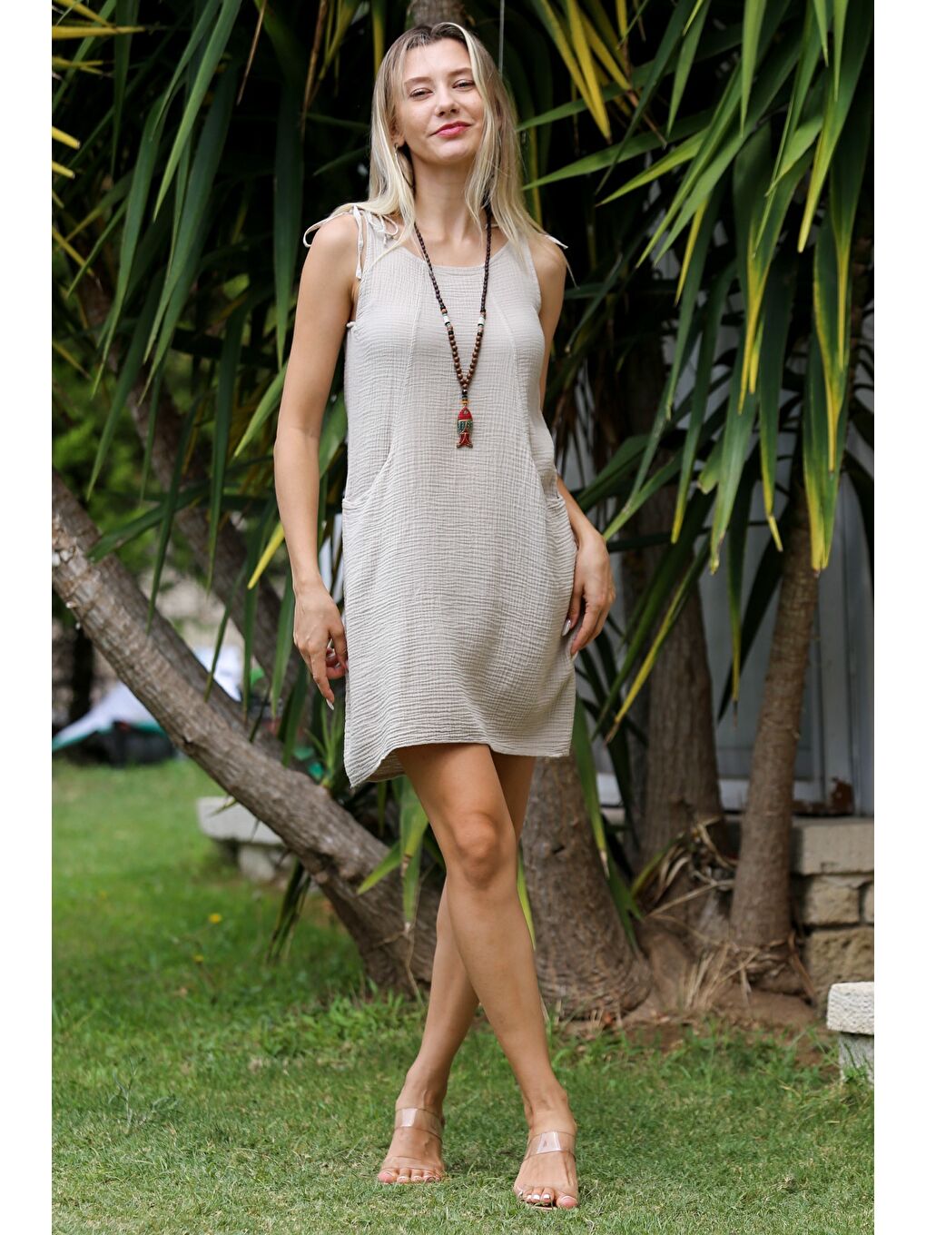 Bej Havuz Yaka Kolsuz Cepli Yıkamalı Dokuma Casual Pamuk Elbise-6