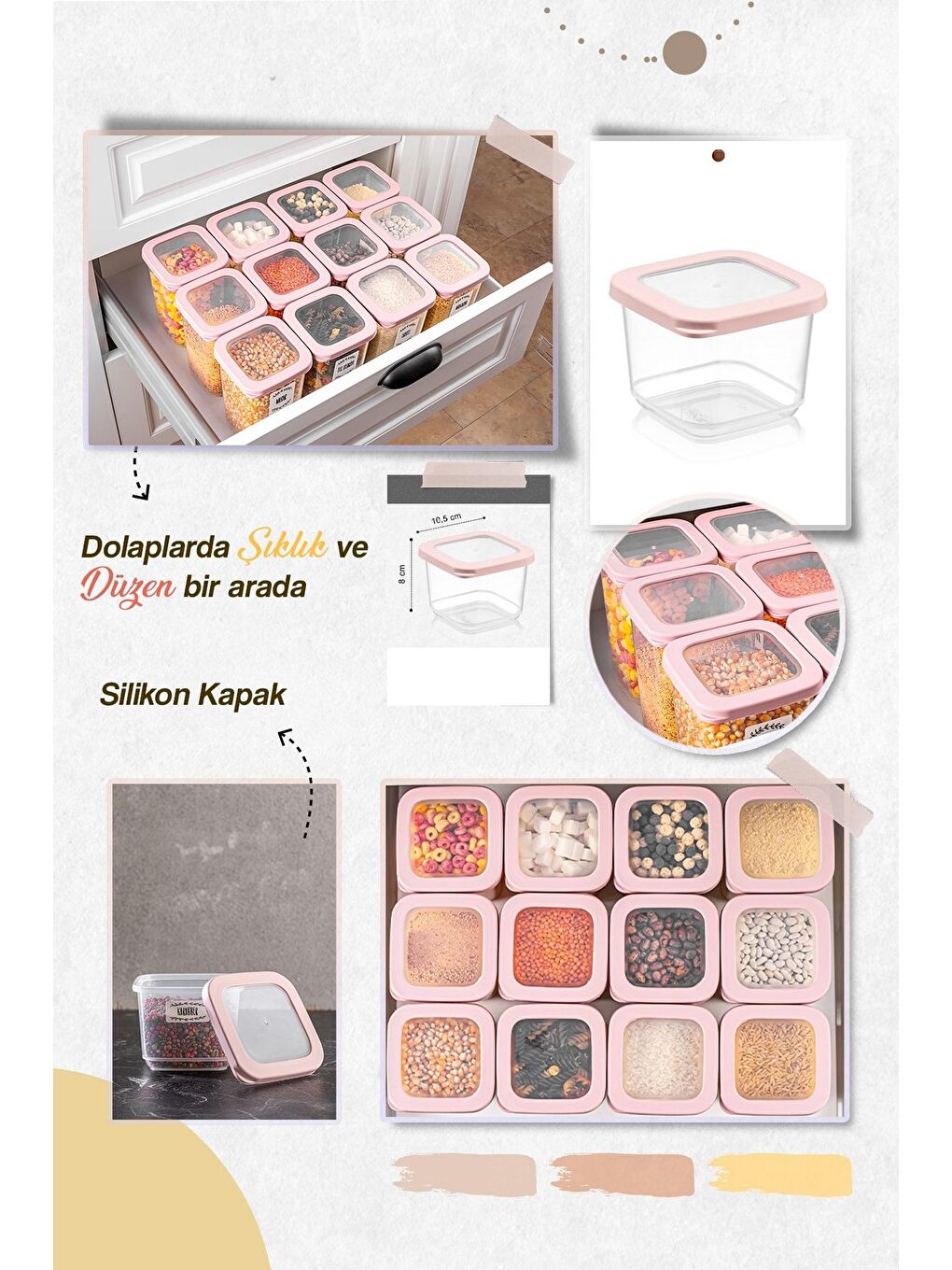 Pembe 24'lü Rosie Küçük Boy Silikon Kapaklı Kare Erzak Saklama Kabı Seti 24x 500 ml Baharatlık Seti-2