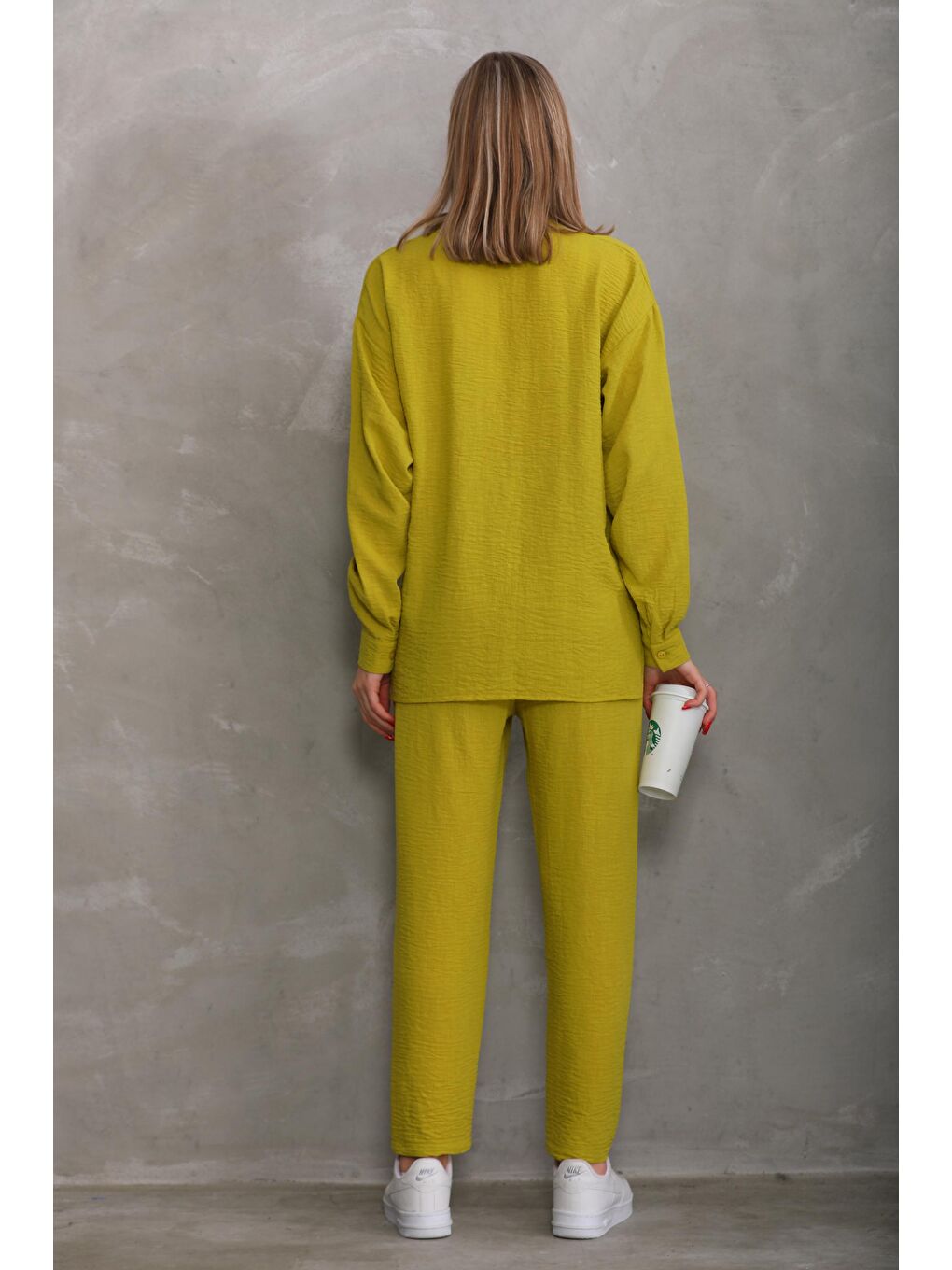 Sarı Hardal Bürümcük Oversize Hamile Gömlek Pantolon Takım-1