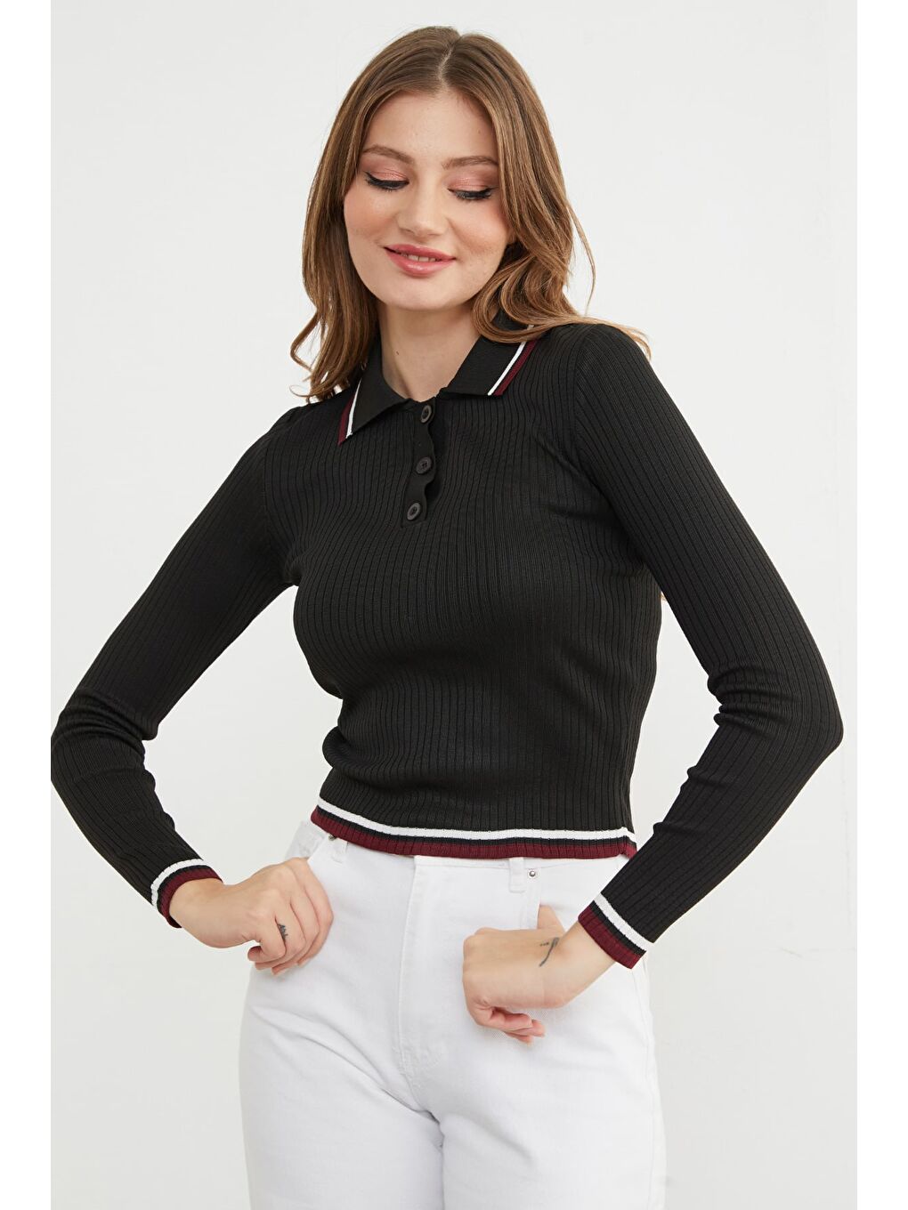 Siyah Çizgili Fitilli Polo Yaka Yarım Düğmeli Triko Kazak-4