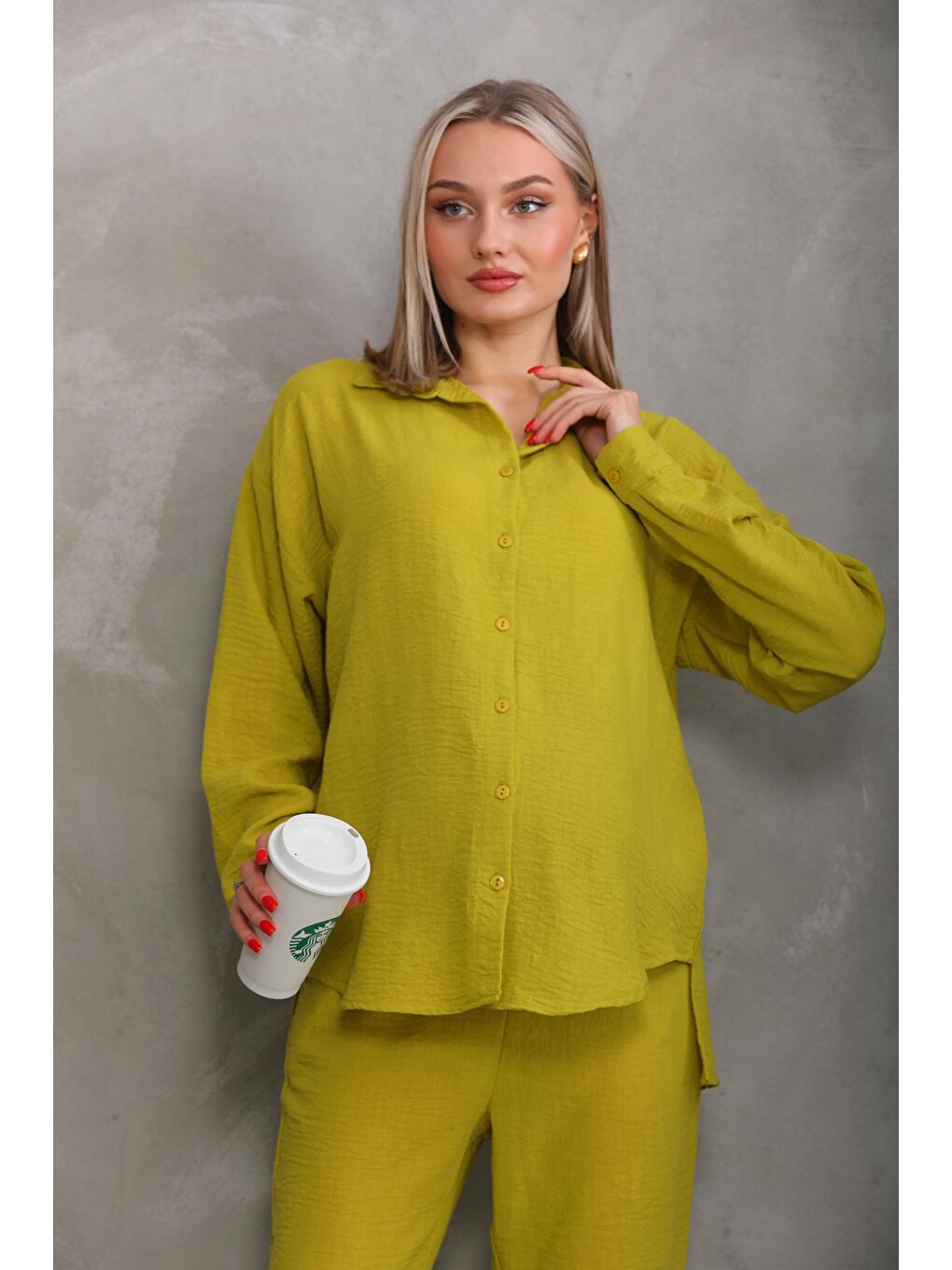 Sarı Hardal Bürümcük Oversize Hamile Gömlek Pantolon Takım-2