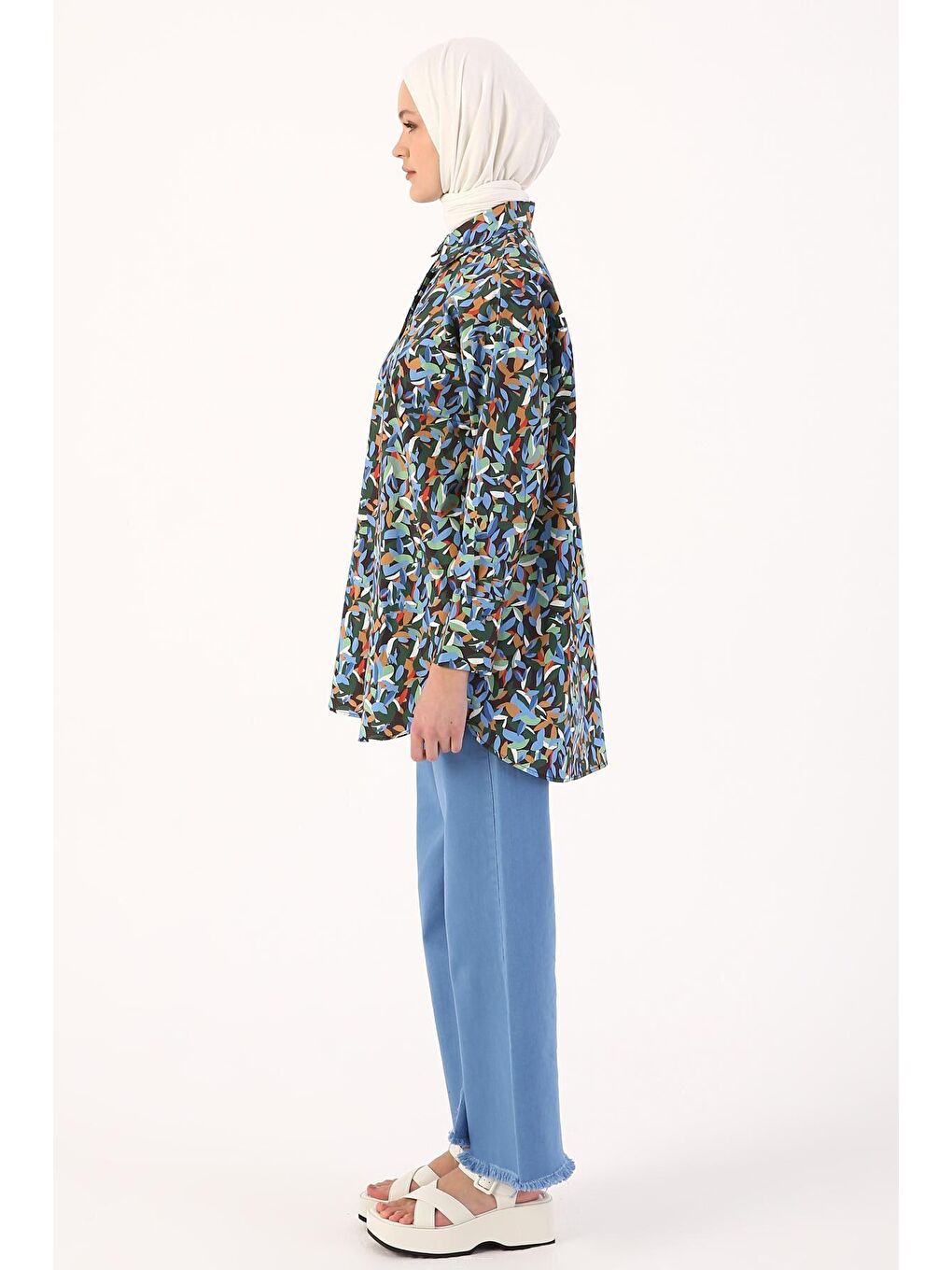 Siyah-Yeşil %100 Pamuk Desenli Gizli Patlı Gömlek Tunik-3