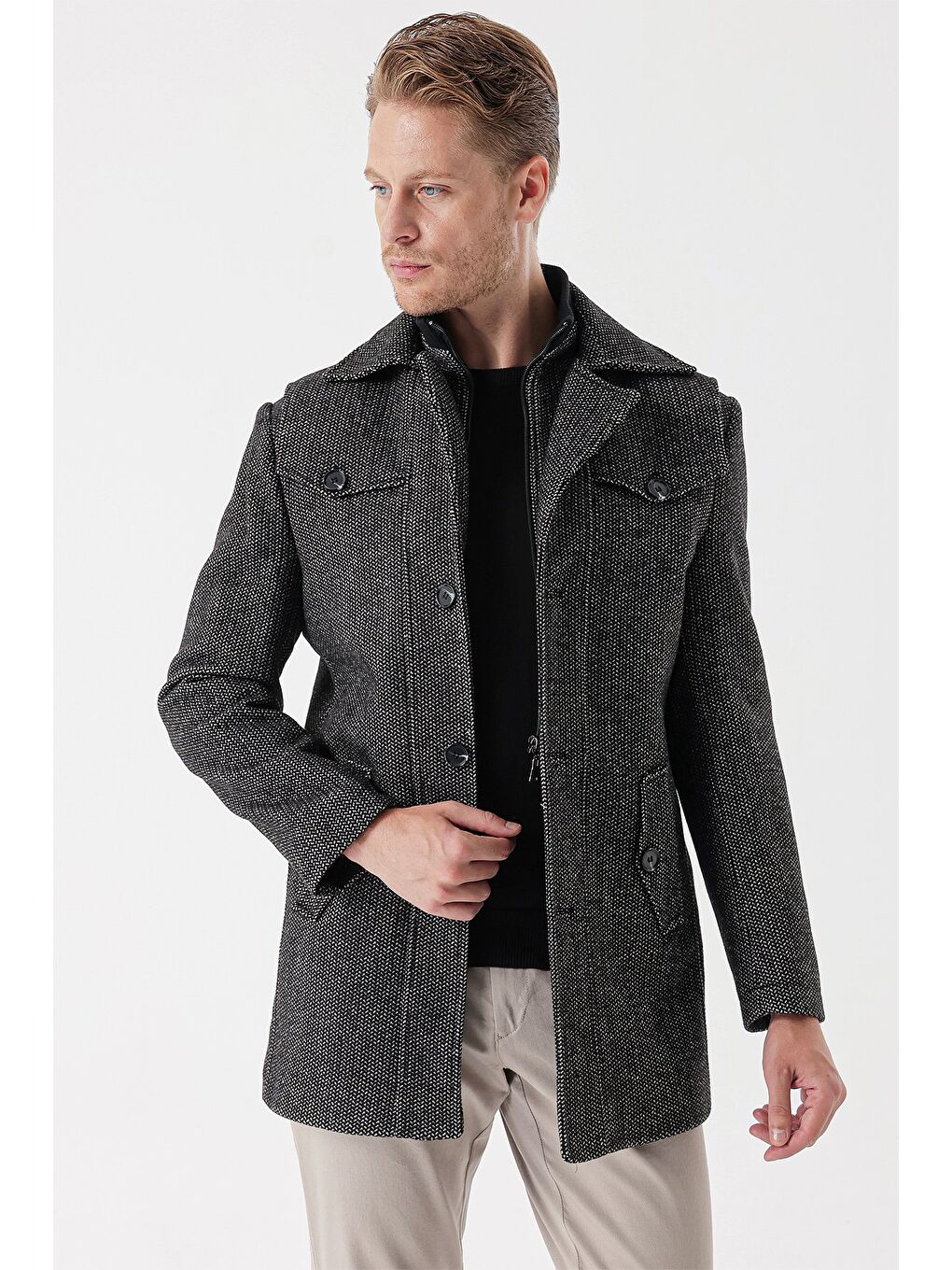 Koyu Antrasit Kaşe Bebe Yaka Desenli Astarlı Slim Fit Dar Kesim Klasik Kaban 1008235156