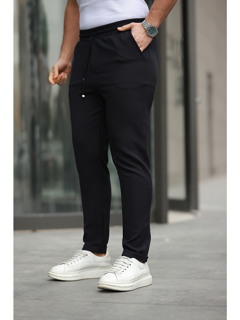 Siyah Trend Beli Lastikli Duble Paça Erkek Pantolon-1