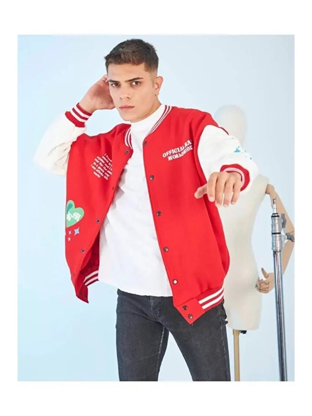 Erkek Kolları Yıldız Sırt Baskılı Oversize Kolej Ceket - Kırmızı