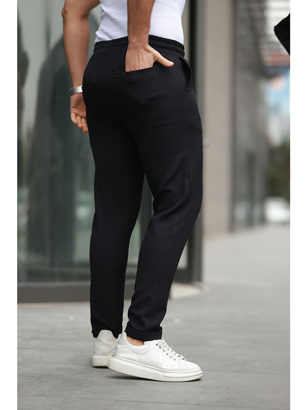 Siyah Trend Beli Lastikli Duble Paça Erkek Pantolon-2