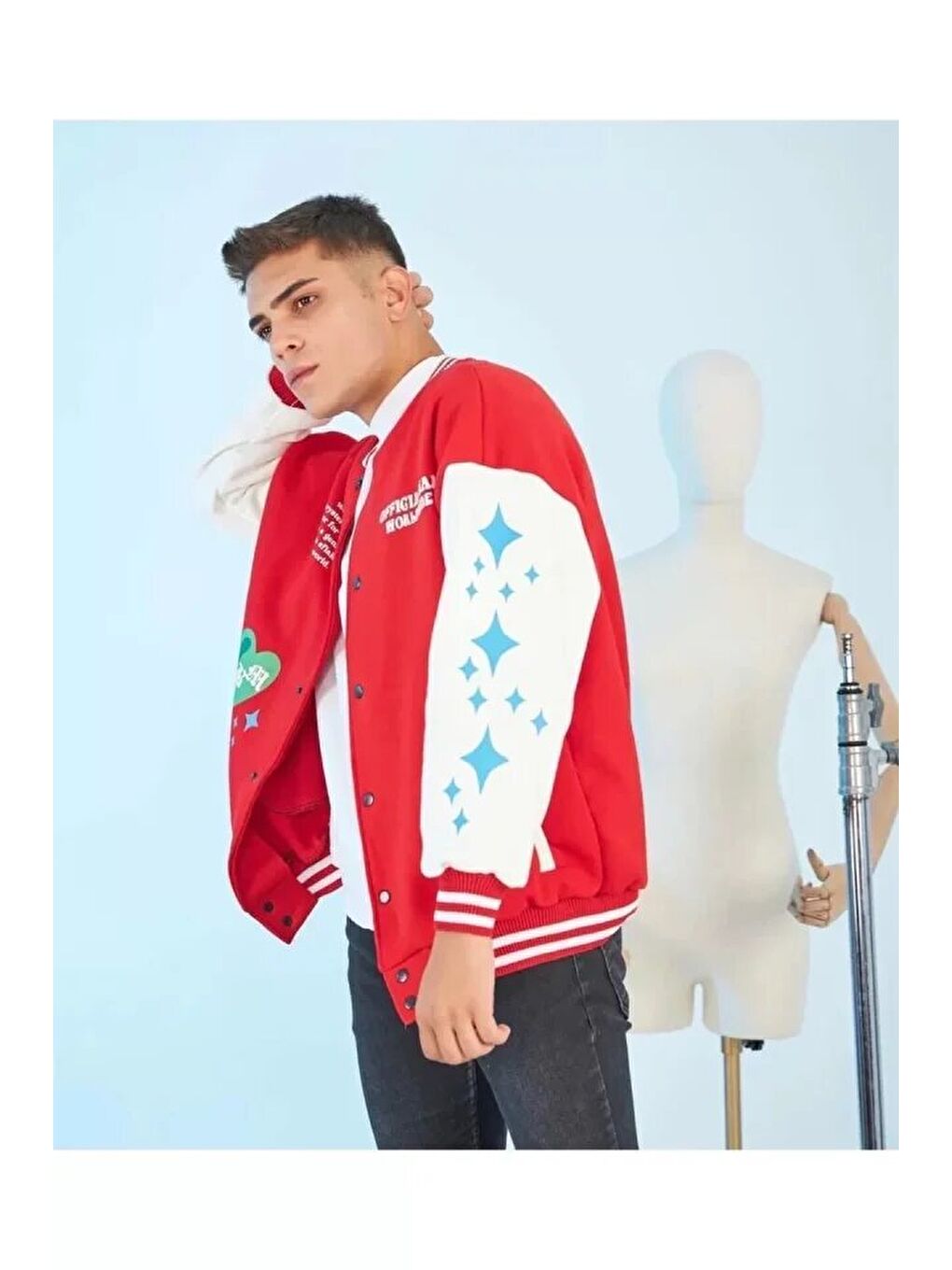 Erkek Kolları Yıldız Sırt Baskılı Oversize Kolej Ceket - Kırmızı-1