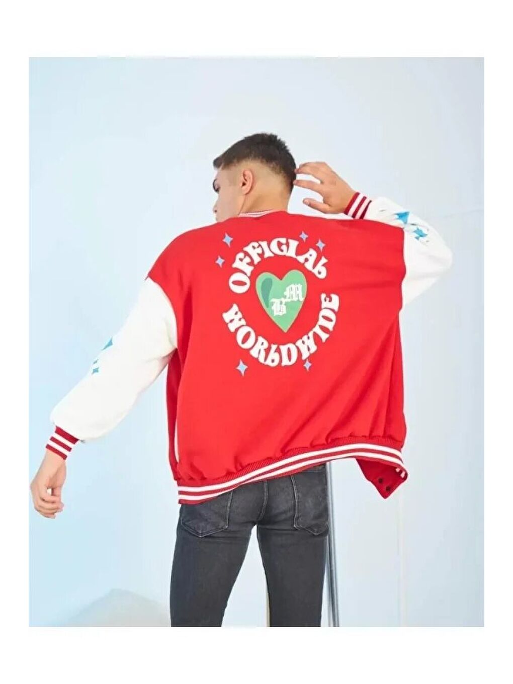 Erkek Kolları Yıldız Sırt Baskılı Oversize Kolej Ceket - Kırmızı-2
