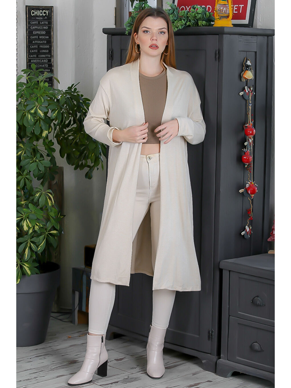 İtalyan İtalyan Bej Kimono Yaka Uzun Kol Kapamasız Casual Triko Hırka