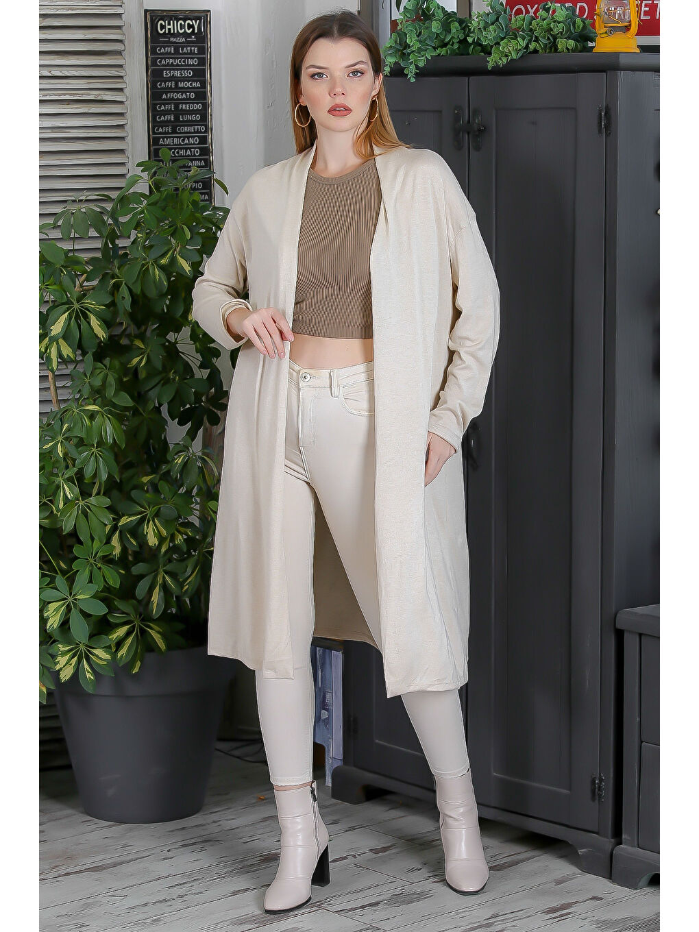 İtalyan İtalyan Bej Kimono Yaka Uzun Kol Kapamasız Casual Triko Hırka-1