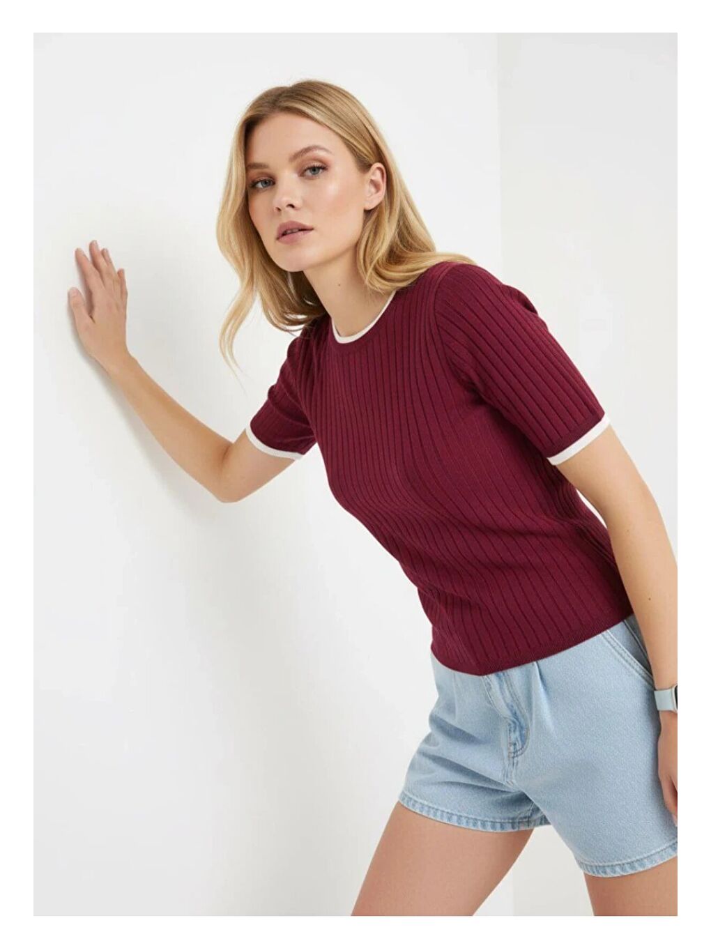 Fitilli Kısa Kollu Biyeli Triko Bluz Bordo