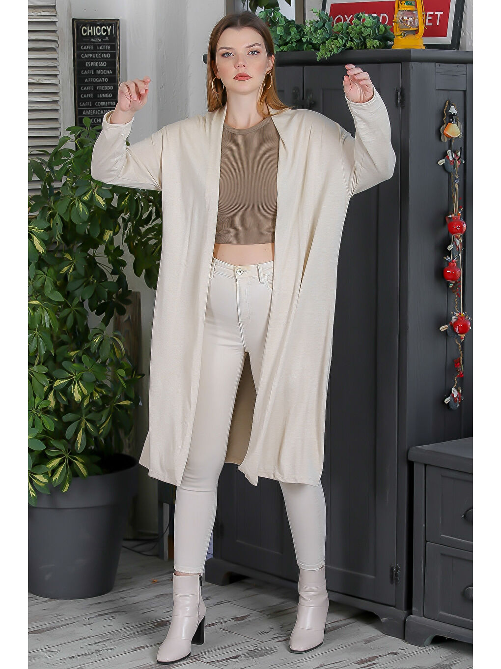 İtalyan İtalyan Bej Kimono Yaka Uzun Kol Kapamasız Casual Triko Hırka-2