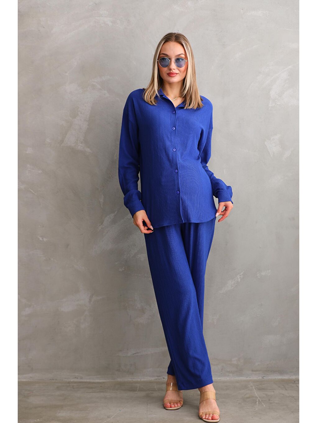 Saks Mavi Bürümcük Oversize Hamile Gömlek Pantolon Takım-1