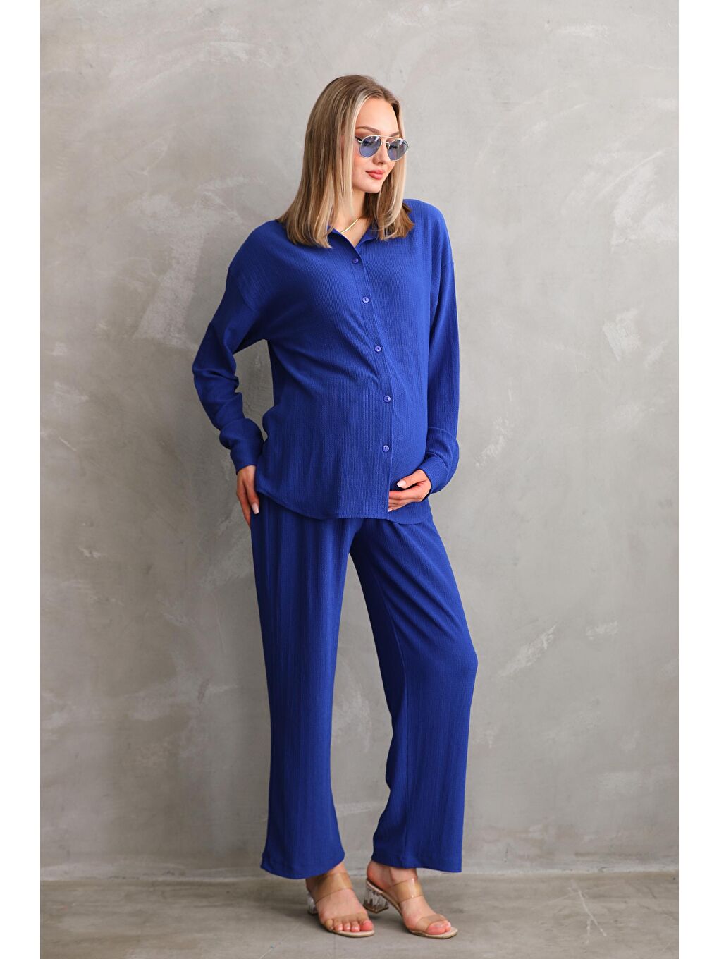 Saks Mavi Bürümcük Oversize Hamile Gömlek Pantolon Takım-2