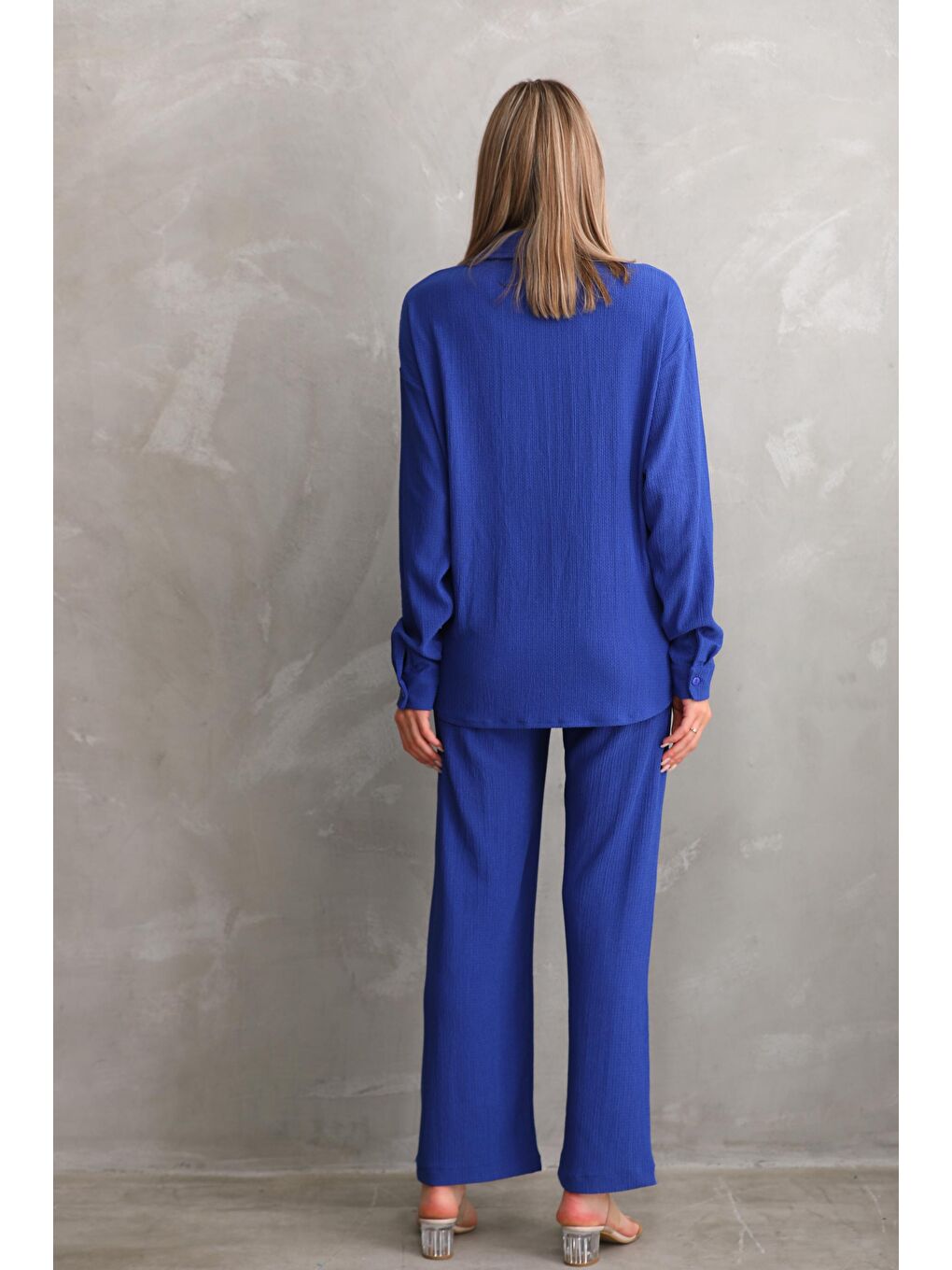 Saks Mavi Bürümcük Oversize Hamile Gömlek Pantolon Takım-3