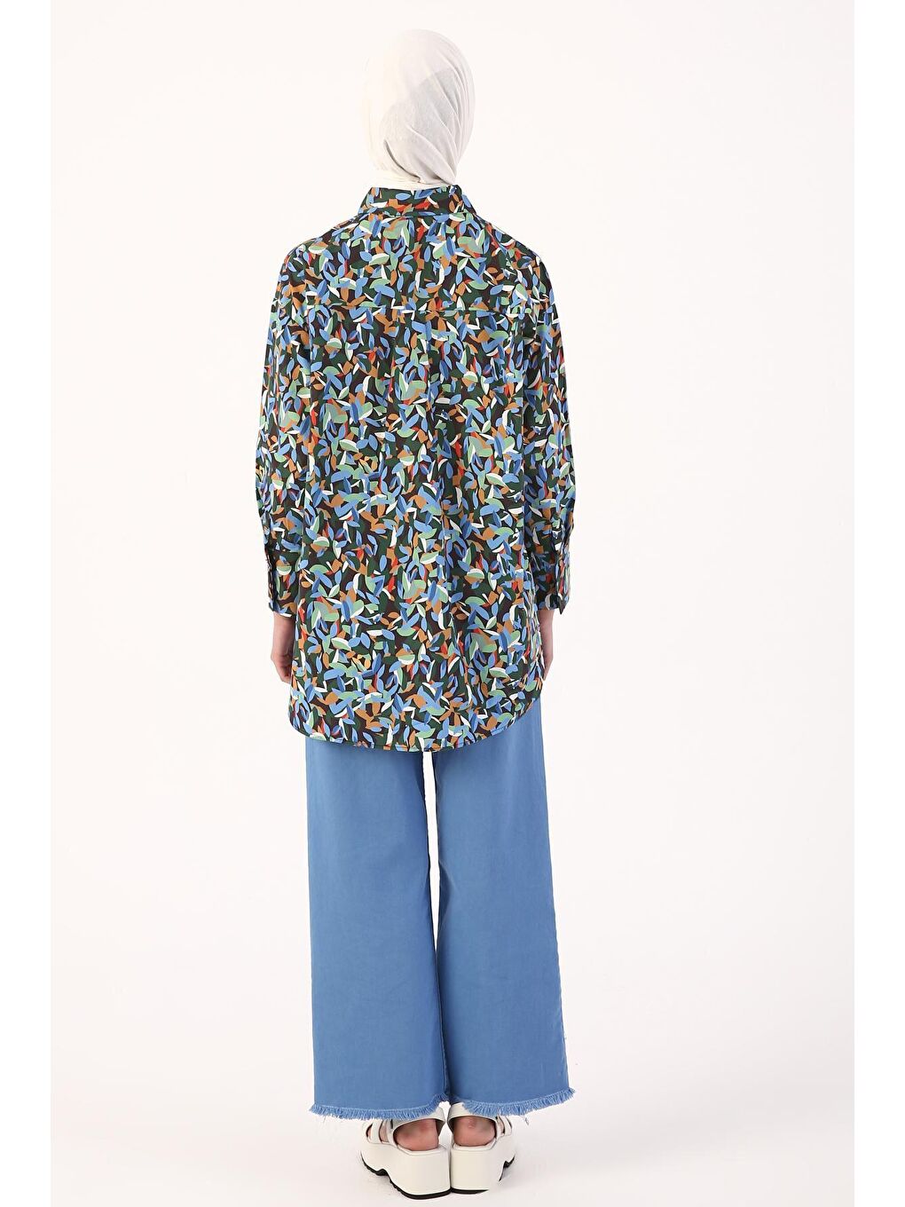 Siyah-Yeşil %100 Pamuk Desenli Gizli Patlı Gömlek Tunik-4