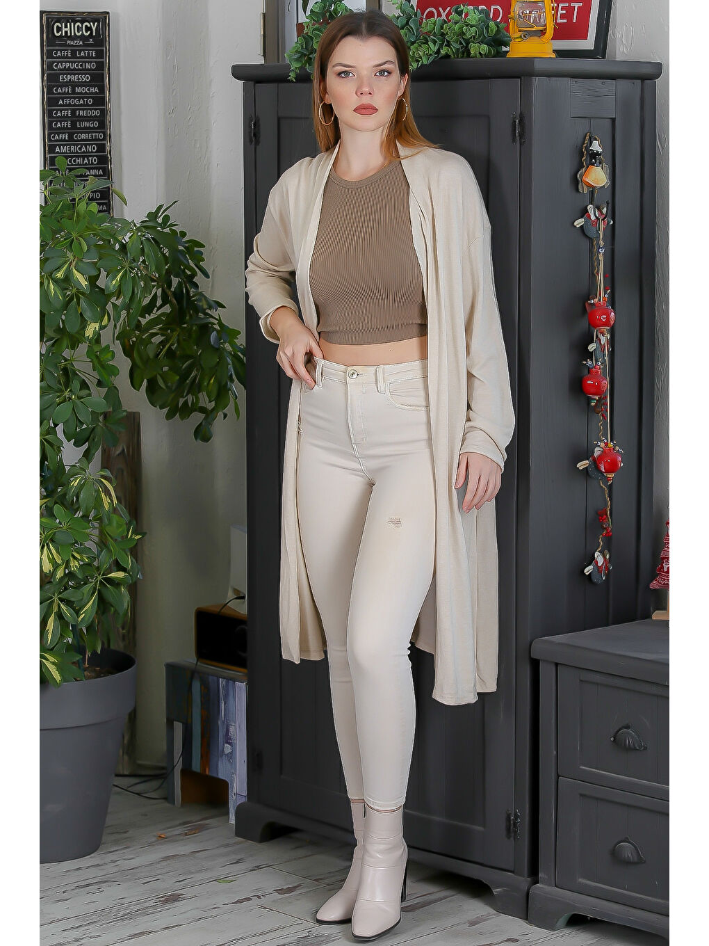 İtalyan İtalyan Bej Kimono Yaka Uzun Kol Kapamasız Casual Triko Hırka-3