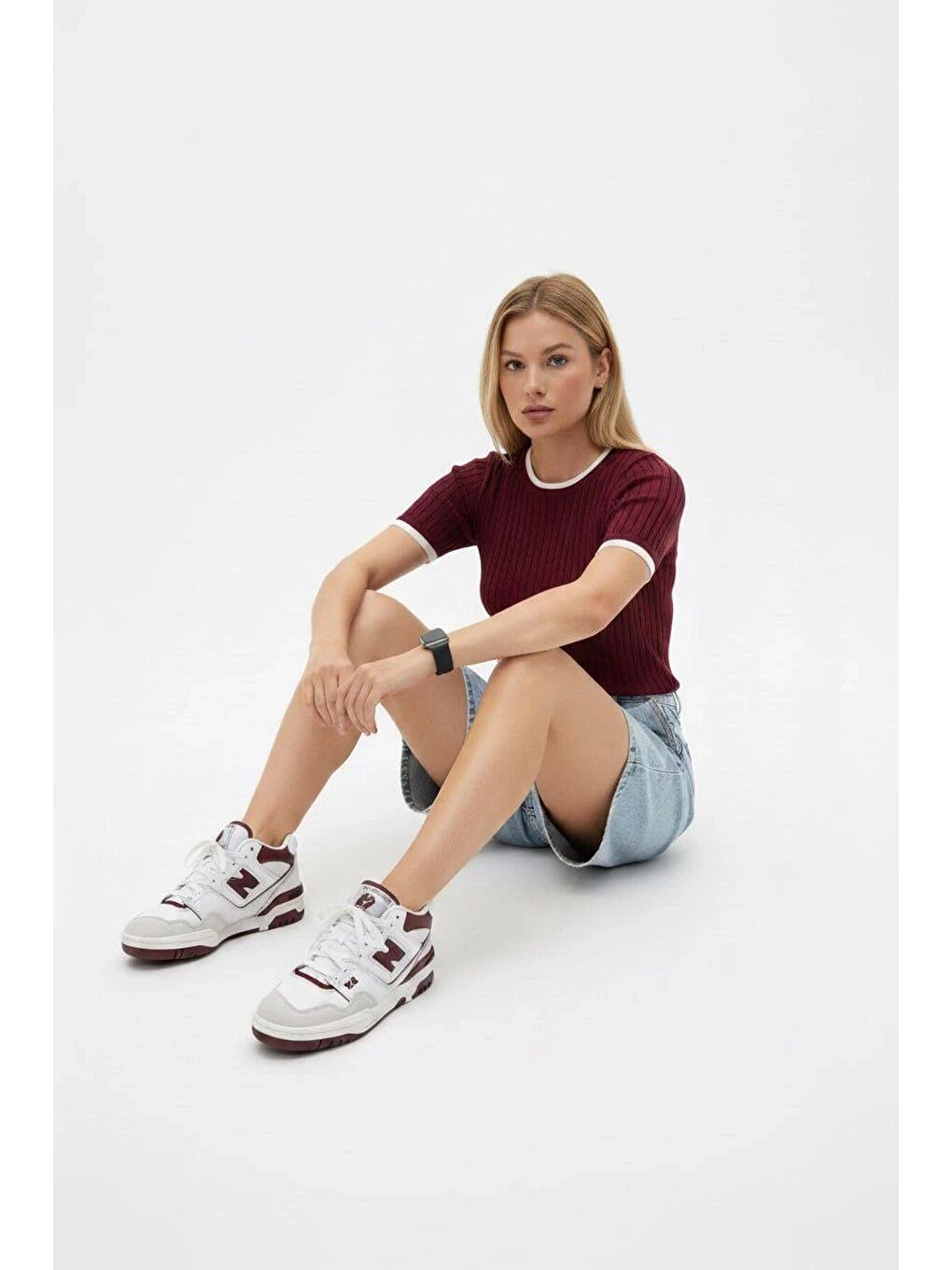 Fitilli Kısa Kollu Biyeli Triko Bluz Bordo-2