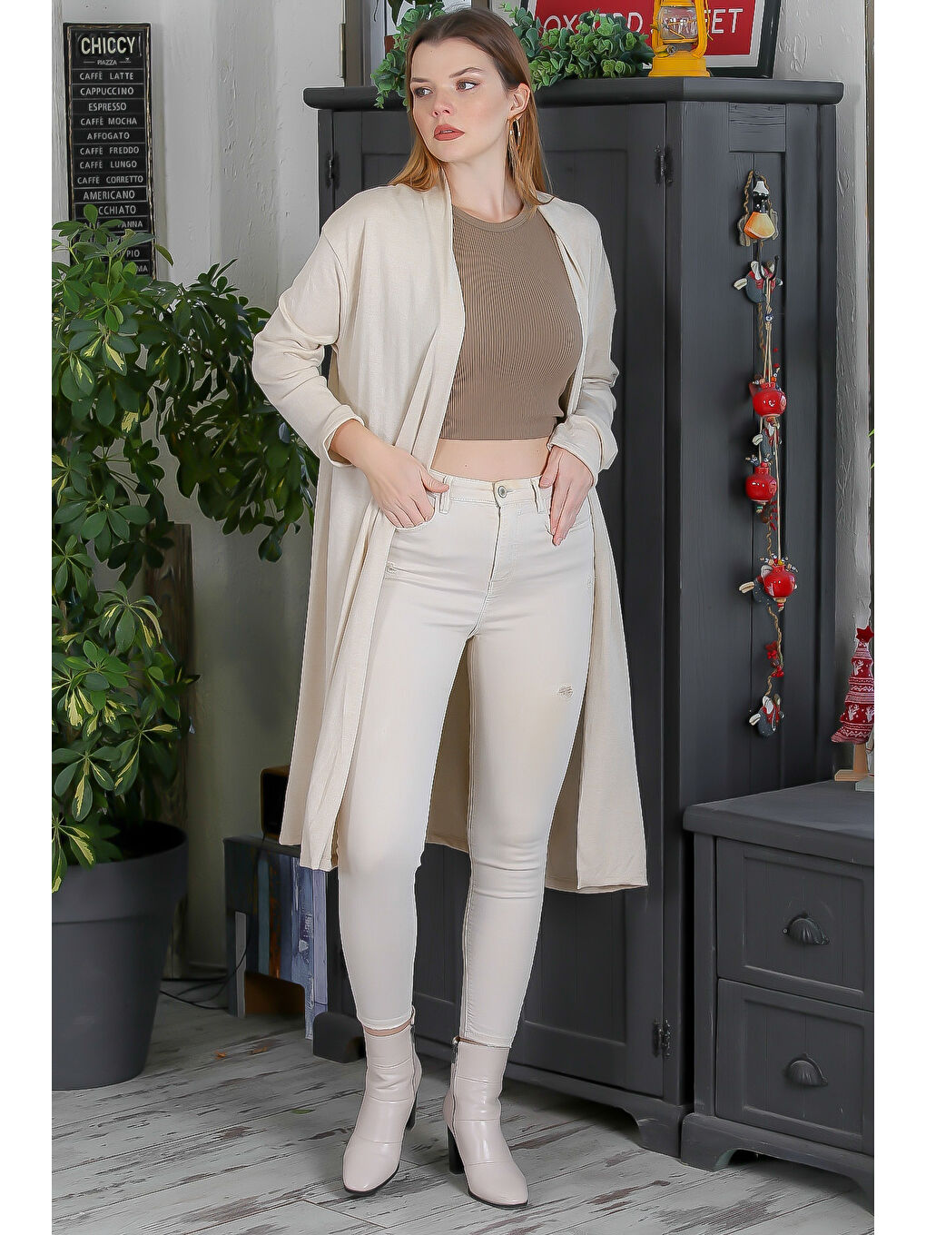 İtalyan İtalyan Bej Kimono Yaka Uzun Kol Kapamasız Casual Triko Hırka-4