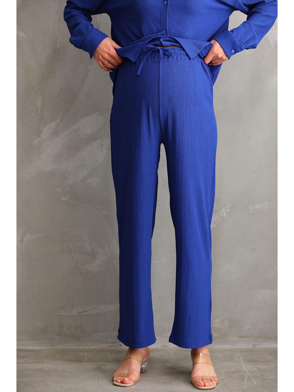 Saks Mavi Bürümcük Oversize Hamile Gömlek Pantolon Takım-4