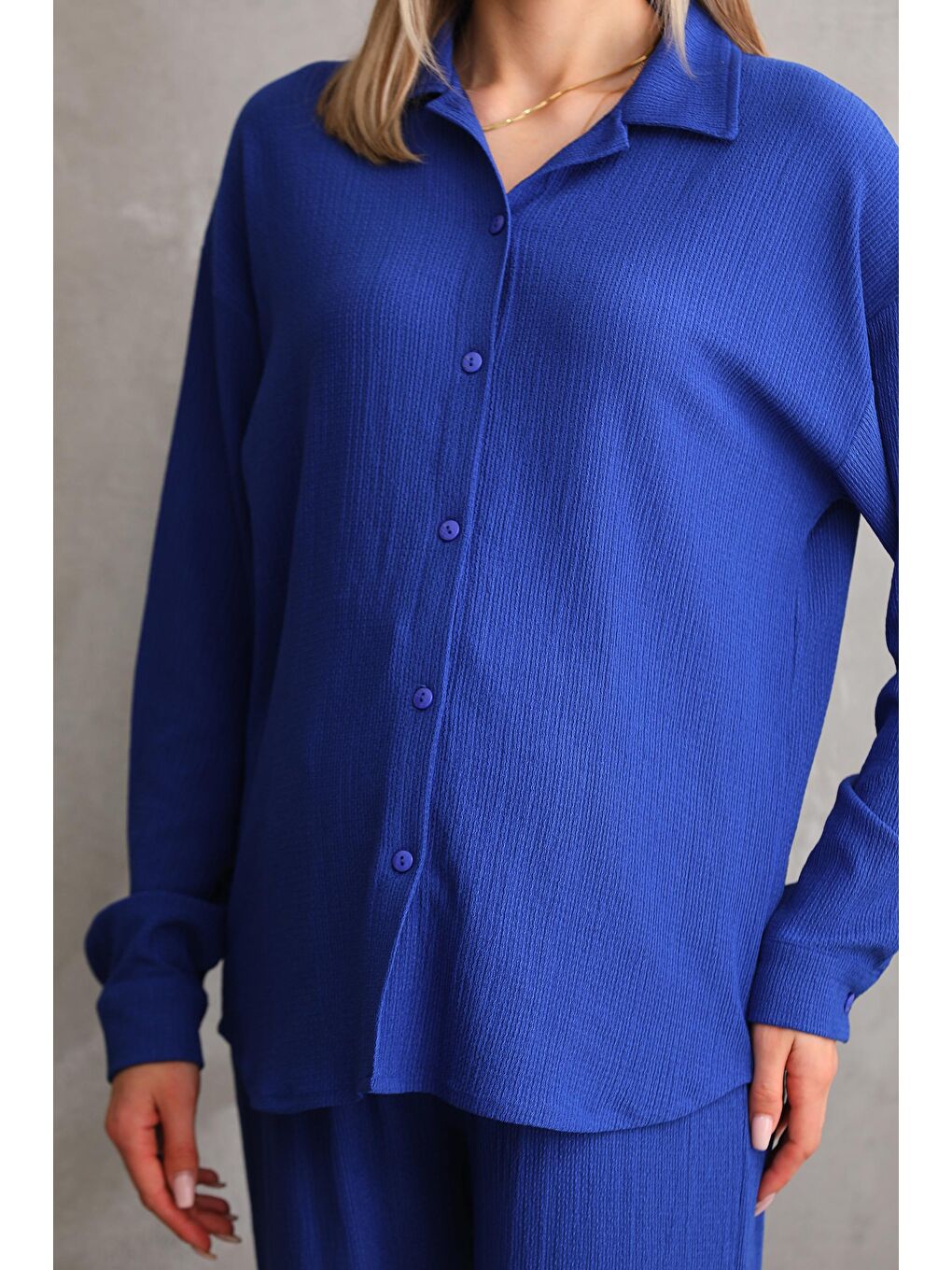 Saks Mavi Bürümcük Oversize Hamile Gömlek Pantolon Takım-5