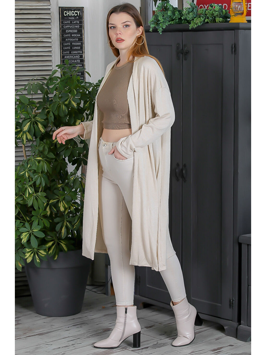 İtalyan İtalyan Bej Kimono Yaka Uzun Kol Kapamasız Casual Triko Hırka-5