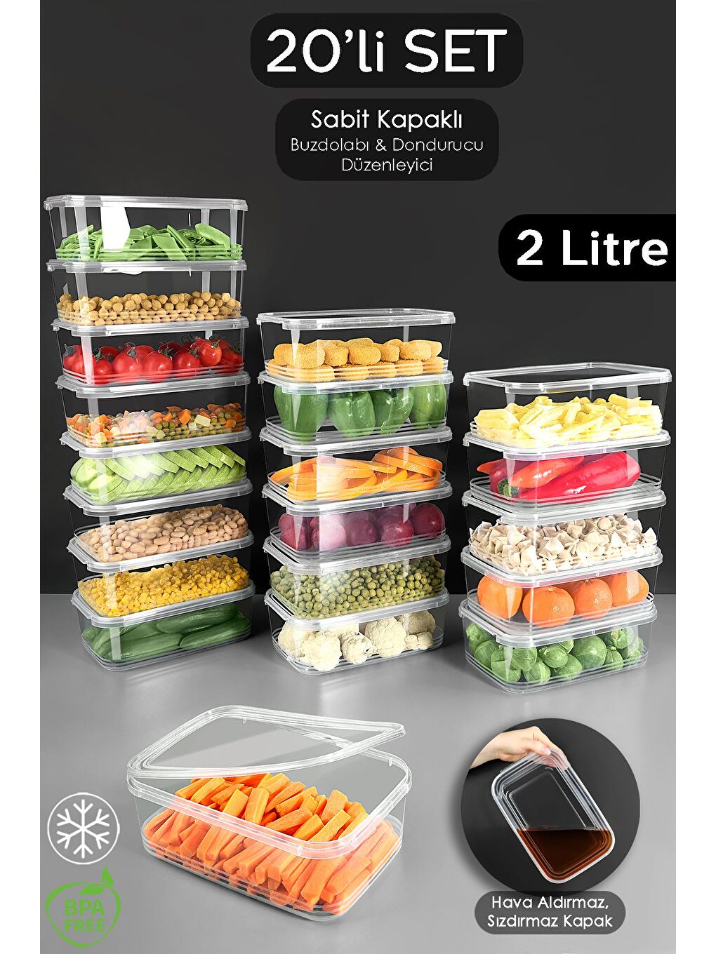 Renksiz 20 Adet Sızdırmaz Kendinden Kapaklı Derin Dondurucuya Uygun Saklama Kabı Düzenleyici Erzak Kabı 2 lt