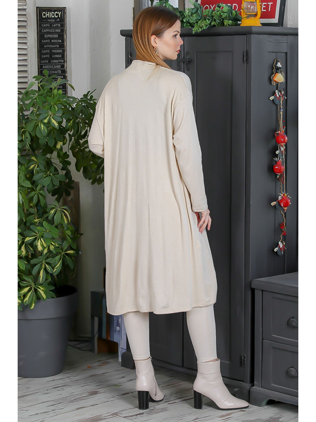 İtalyan İtalyan Bej Kimono Yaka Uzun Kol Kapamasız Casual Triko Hırka-6